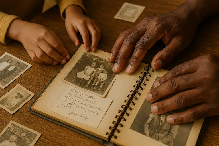 Close-up of hands placing photos and handwritten notes in an open scrapbook