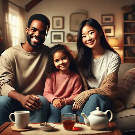 A warm and relatable image of a multicultural family sitting together, ready for an open and friendly conversation.