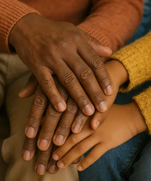 Close-up of hands from different family members stacked or reaching toward one another.