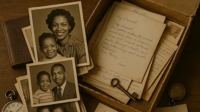 Featured image. Stacked vintage family photos, faded letters, and keepsakes spilling from a box