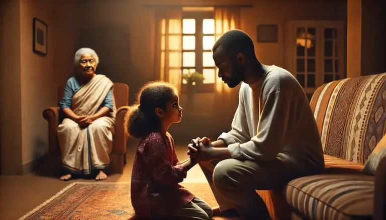 Tender father-daughter bond, with the subtle tension of a skeptical elder observing in the background.