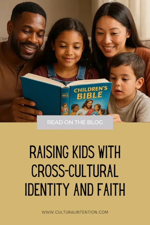 Pinterest Pin Cover. Social Media. Family Reading a Bible Together A warm, relatable image of a multicultural family sitting together with a children's Bible or picture Bible. third culture kid