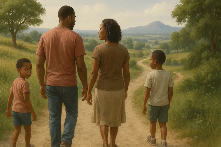 Family Walking on a Winding Path with Diverse Landscapes Around Them. One child looks back, one looks forward, and the parents are in conversation—representing journey, layered identity, heritage, and faith across generations.