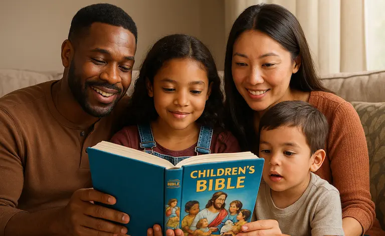 Family Reading a Bible Together A warm, relatable image of a multicultural family sitting together with a children's Bible or picture Bible