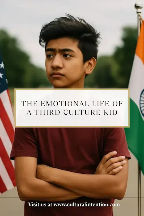 Pinterest Pin Cover. Social Media. Child or Teen Standing Between Two Flags or Signposts Ideally not waving the flags but thoughtfully standing near or between them, representing identity tension.