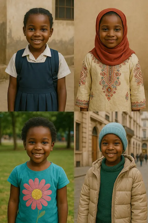 Collage of Childhood Photos in Different Countries Or a mock-up showing one person in different outfits or settings (e.g., school uniform in one, traditional attire in another).
