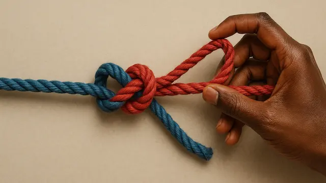 Two ropes or threads intertwined and knotted in the middle, set against a neutral background.