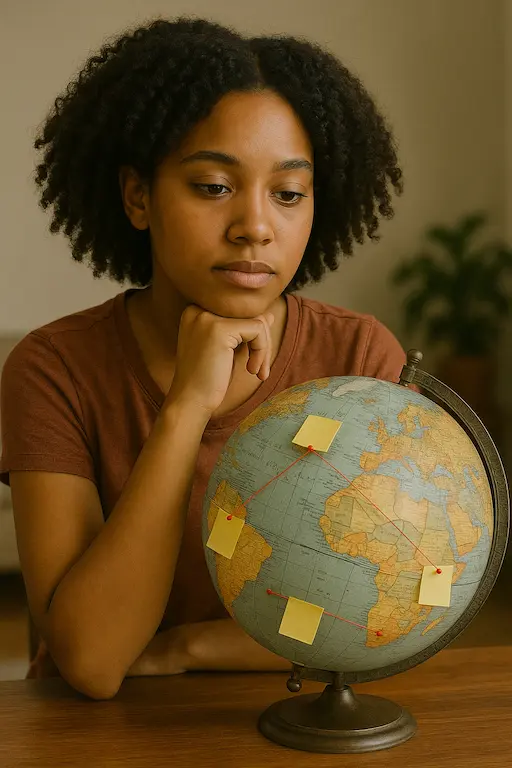 Teen girl or Adult Sitting with a Globe or Map Thoughtful expression, maybe highlighting certain countries with post-it notes or strings.