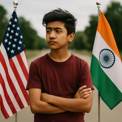 Child or Teen Standing Between Two Flags or Signposts Ideally not waving the flags but thoughtfully standing near or between them, representing identity tension.