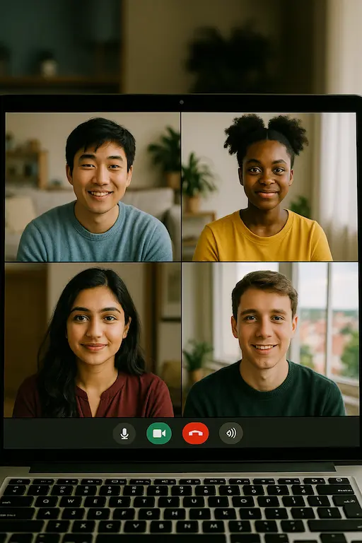 Zoom Call with Friends from Around the World Screens showing faces from different continents connecting online.