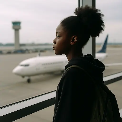 teen Looking Out an Airport Window Alone Evokes the bittersweet feeling of departures, goodbyes, and transitions.