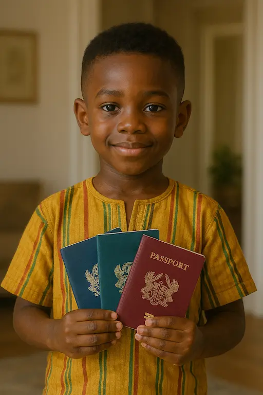 Child Holding Multiple Passports A kid holding three passports or travel documents (without showing real country names).