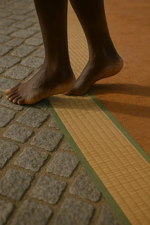 Footsteps Blending Into Different Cultural Backdrops Artistic shot of feet walking across a border that visually changes (e.g., cobblestone to tatami mat to red clay).