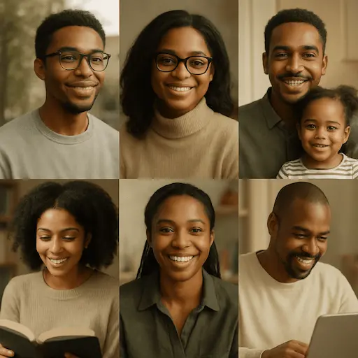 A collage of everyday Black Germans—students, parents, creatives—smiling or working, with muted tones and natural lighting.
