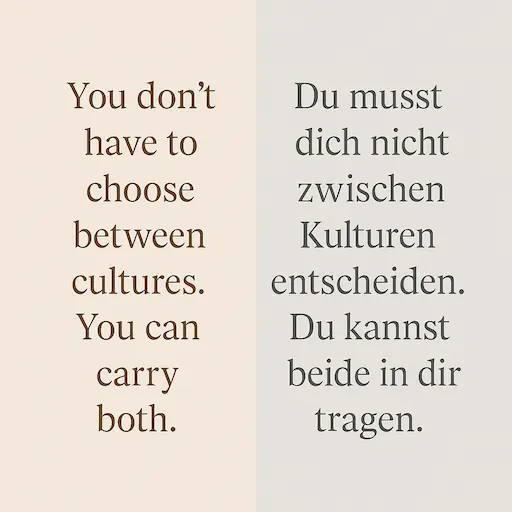 A styled graphic with a quote from your blog: "You don’t have to choose between cultures. You can carry both.". German quote is also mentioned "Du musst dich nicht zwischen Kulturen entscheiden Du kannst beide in dir tragen"