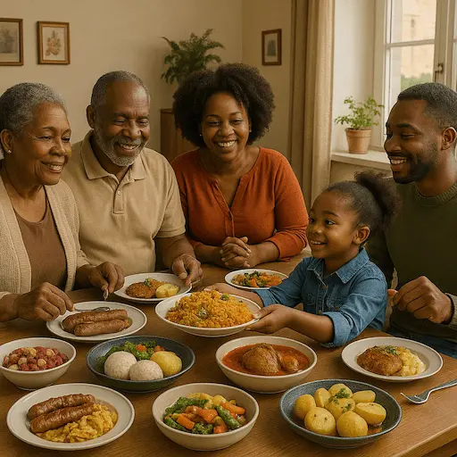 Black German family sharing a meal, mixing German and African dishes