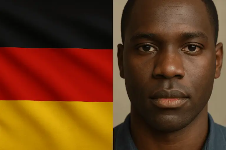 Split-image: on one side, a german flag; on the other, photos of Black Germans individual