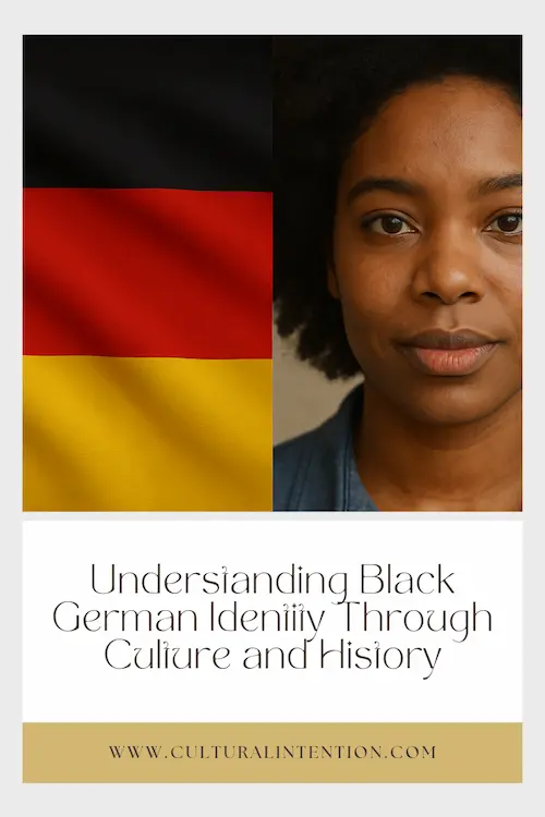 Pinterest Pin Cover. Social Media. Split-image: on one side, a german flag; on the other, photos of Black Germans individual