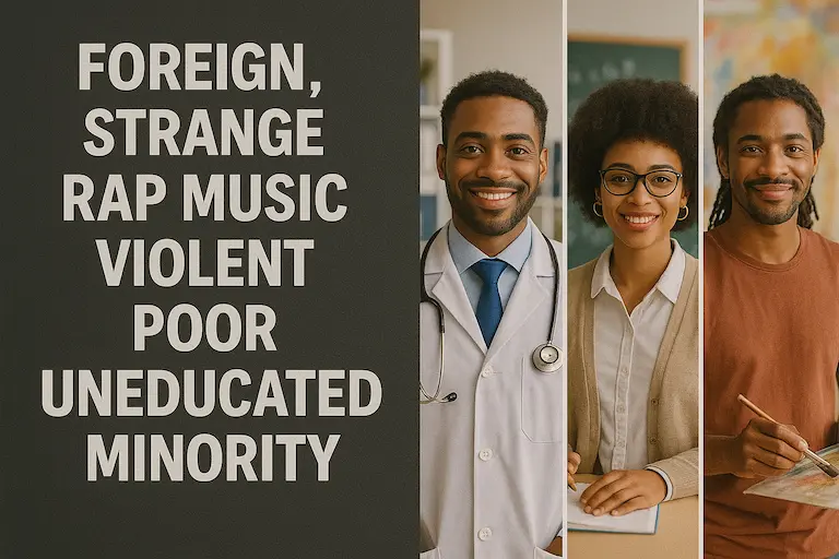 Split-image: on one side, stereotype words; on the other, photos of Black Germans in diverse careers (doctor, teacher, artist).