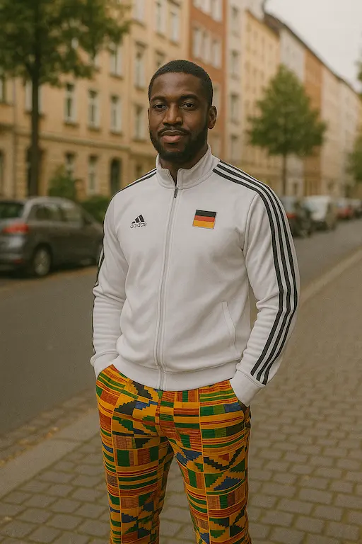 Proud Afro-German wearing symbols of both Ghana and Germany. Kente and National Football gear
