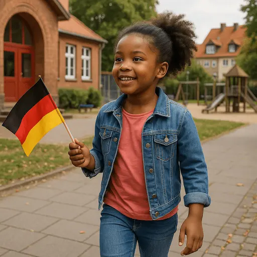 Black German child walking to school in Germany. Waving German flag