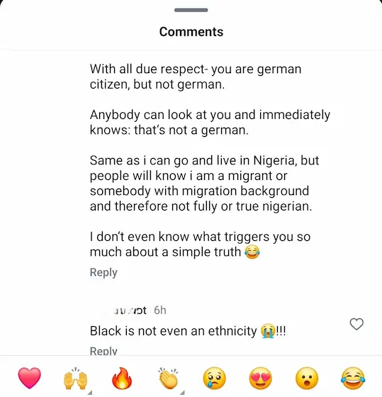 Conversation of a person questioning my identity as a black German and pushing back with misinformation