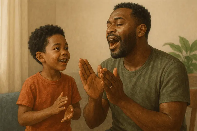 Parent Teaching a Child a Cultural Gesture or Song A caregiver passing on a gesture (e.g., greeting style) or singing in their heritage language. Visualizes non-material culture being lived and shared.