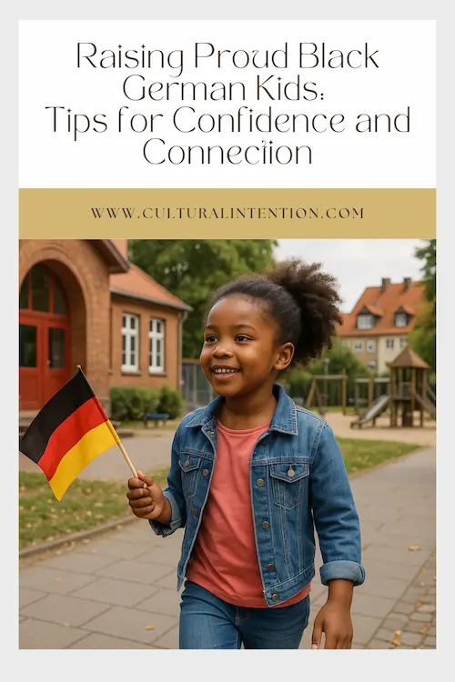 Pinterest Pin Cover. Social Media. Black German child walking to school in Germany. Waving German flag