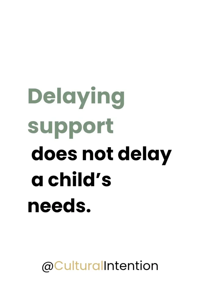 Quote emphasizing that delaying support for a child with special needs stigma does not reduce their needs, especially in cultures where stigma affects early intervention. Cultural Intention